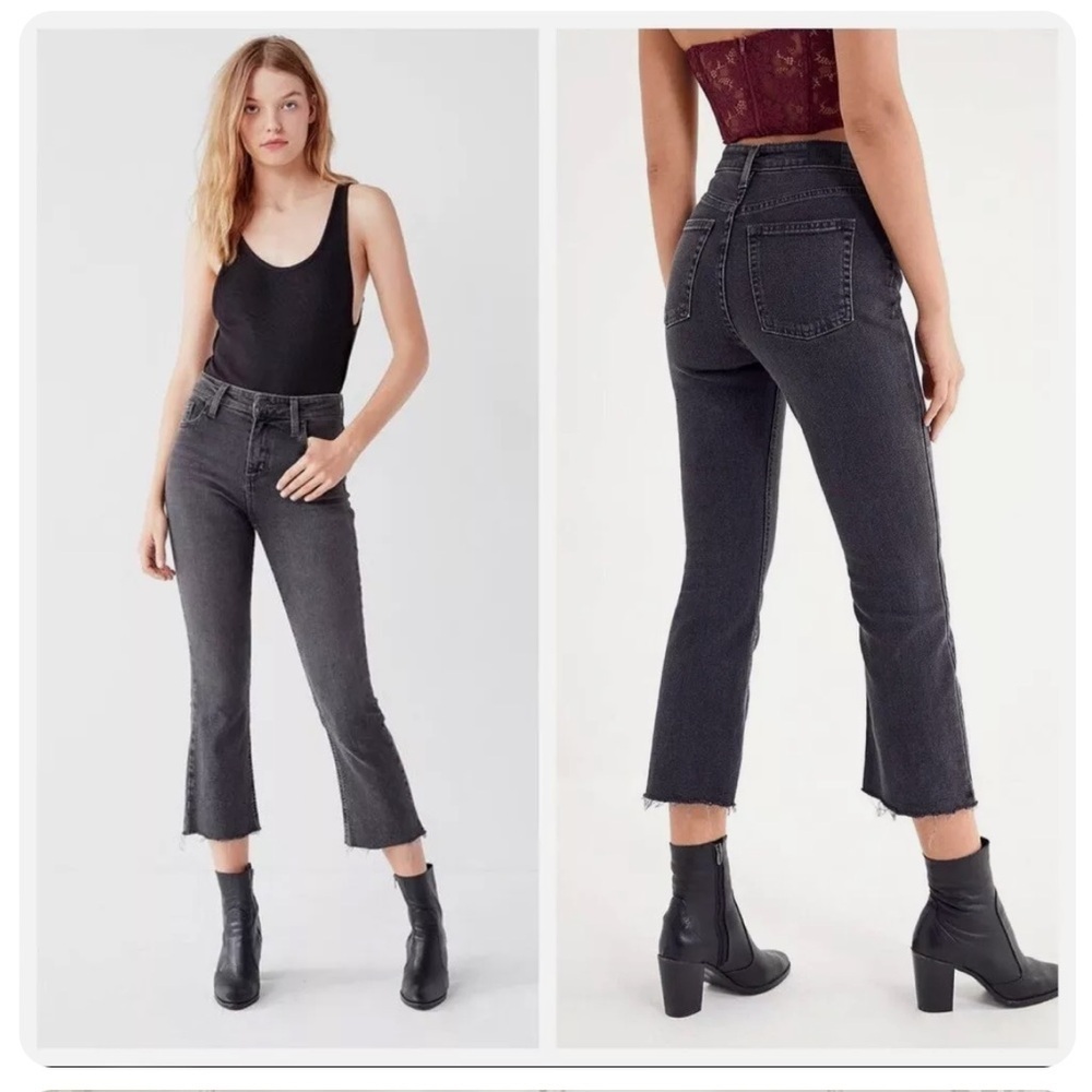 BDG Kick Flare High Rise Cropped Jeans Washed Black 28 Urban Outfitters